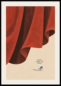 A dramatic red curtain and a lone chair create a quiet, humorous contrast.-2