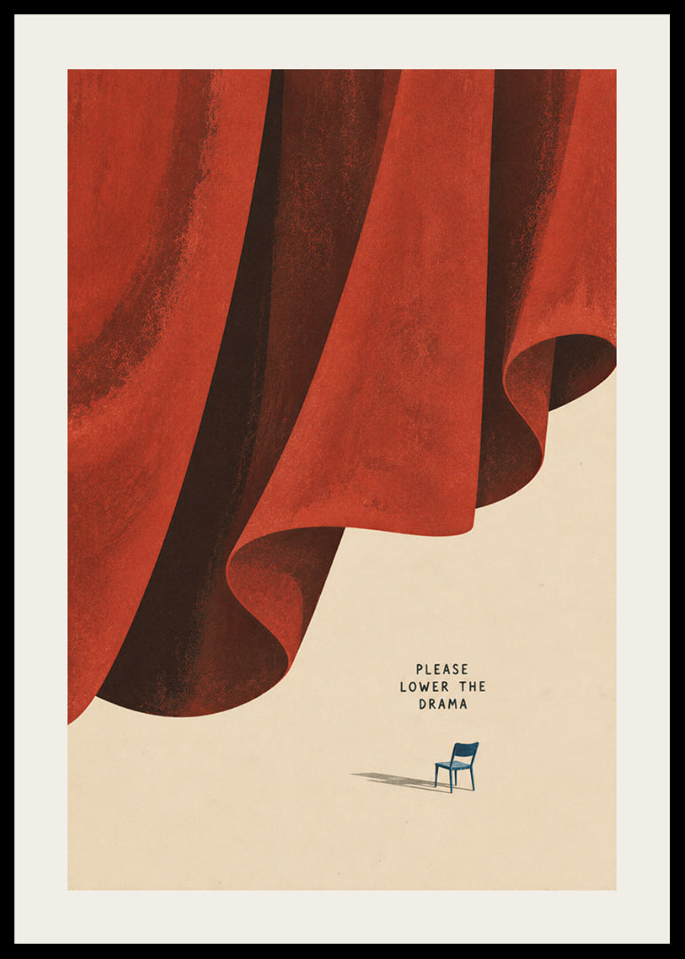 A dramatic red curtain and a lone chair create a quiet, humorous contrast.-12