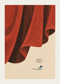 A dramatic red curtain and a lone chair create a quiet, humorous contrast.-3