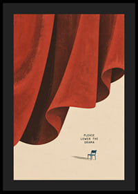 A dramatic red curtain and a lone chair create a quiet, humorous contrast.-4
