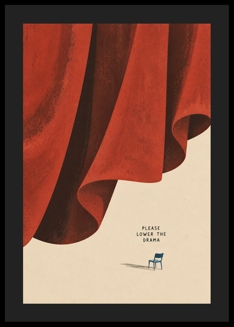 A dramatic red curtain and a lone chair create a quiet, humorous contrast.-12
