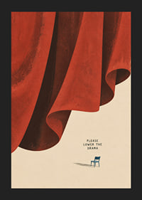 A dramatic red curtain and a lone chair create a quiet, humorous contrast.-5
