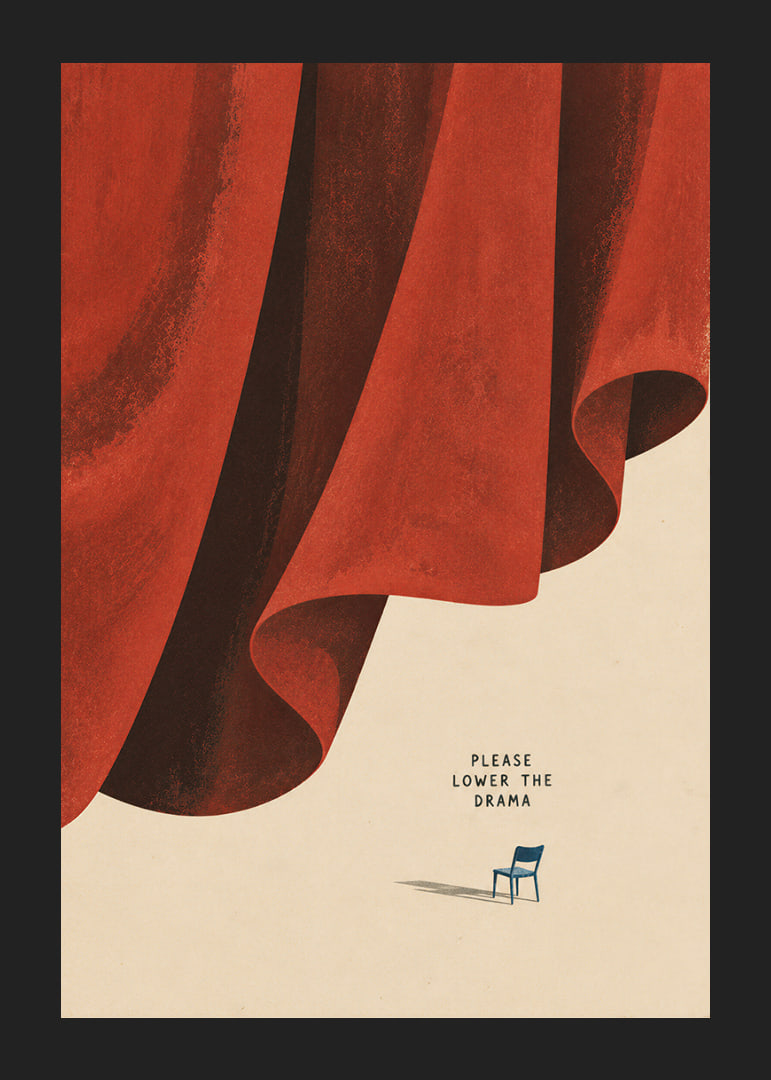 A dramatic red curtain and a lone chair create a quiet, humorous contrast.-12