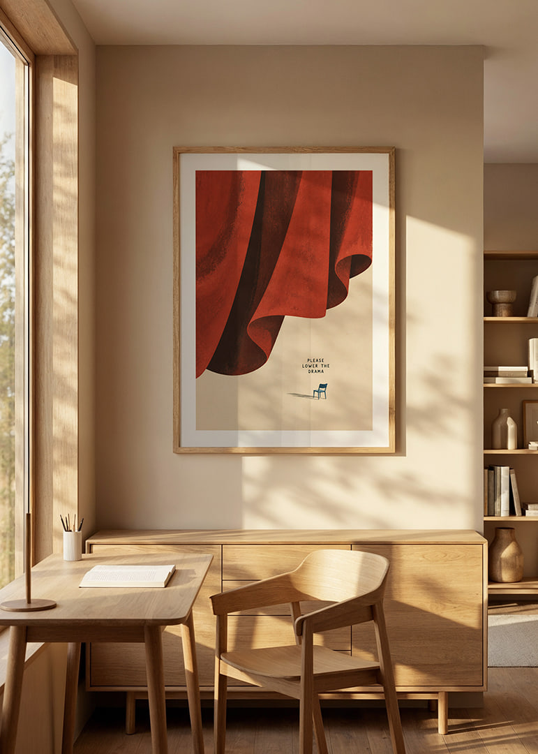 A dramatic red curtain and a lone chair create a quiet, humorous contrast.-12