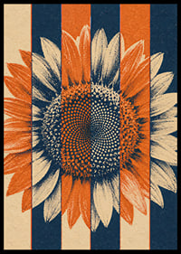 A graphic sunflower in warm orange and blue tones with a rustic retro feel.-6