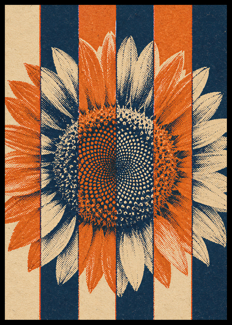 A graphic sunflower in warm orange and blue tones with a rustic retro feel.-12
