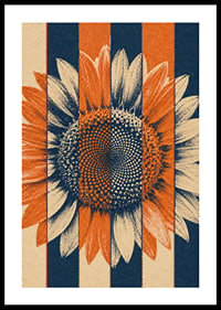 A graphic sunflower in warm orange and blue tones with a rustic retro feel.-0