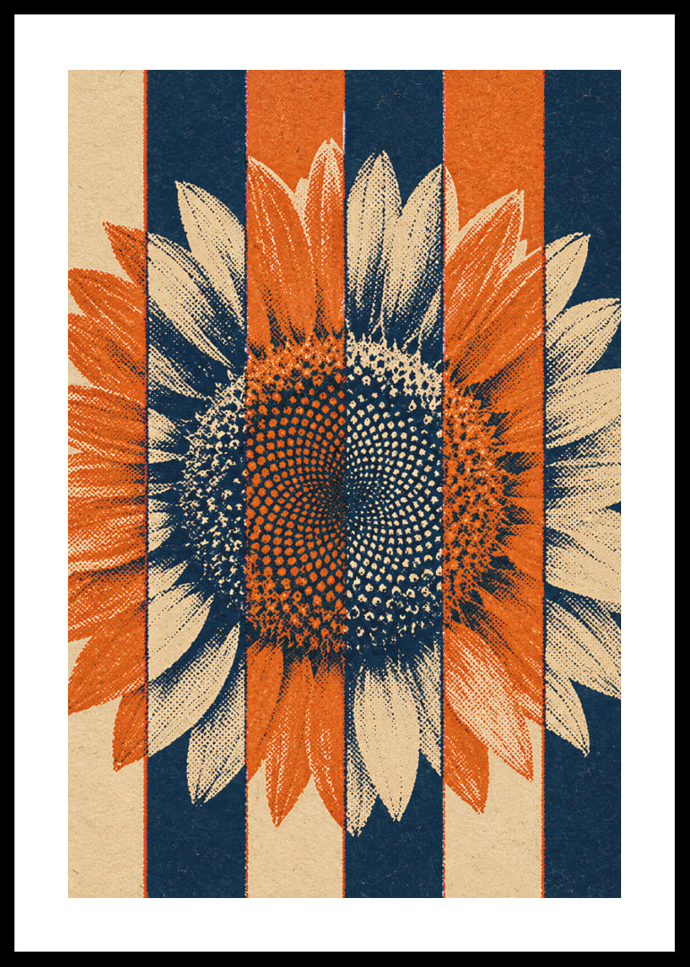 A graphic sunflower in warm orange and blue tones with a rustic retro feel.-12