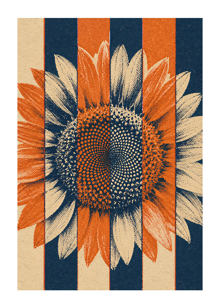 A graphic sunflower in warm orange and blue tones with a rustic retro feel.-12