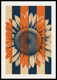 A graphic sunflower in warm orange and blue tones with a rustic retro feel.-2