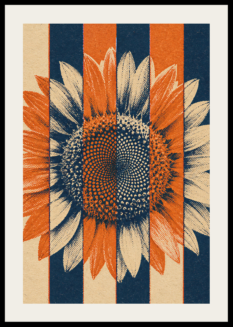 A graphic sunflower in warm orange and blue tones with a rustic retro feel.-12