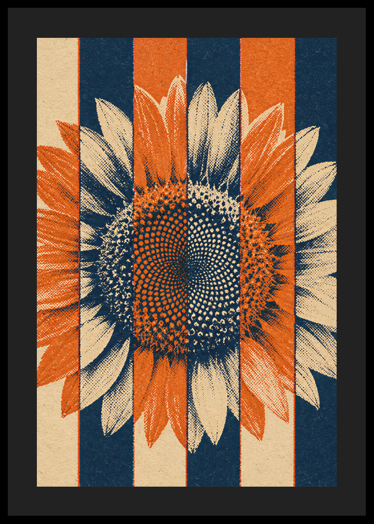 A graphic sunflower in warm orange and blue tones with a rustic retro feel.-12