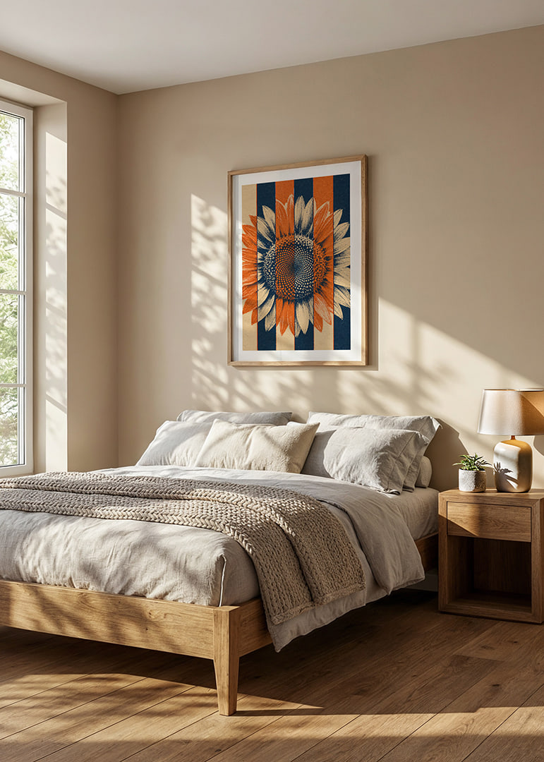 A graphic sunflower in warm orange and blue tones with a rustic retro feel.-12