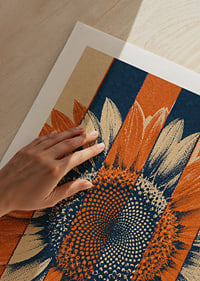 A graphic sunflower in warm orange and blue tones with a rustic retro feel.-9