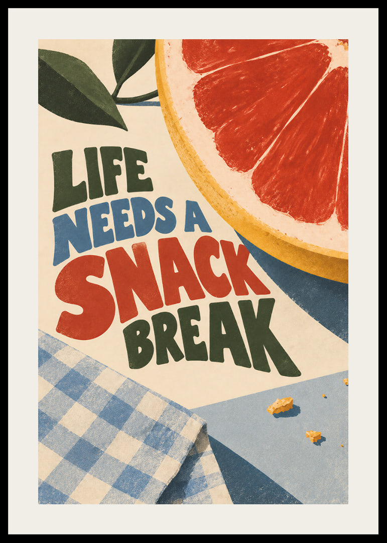 Plakat inspirowany stylem retro z grejpfrutem, pudełkiem piknikowym i zabawnym przekazem dotyczącym przekąsek.-12