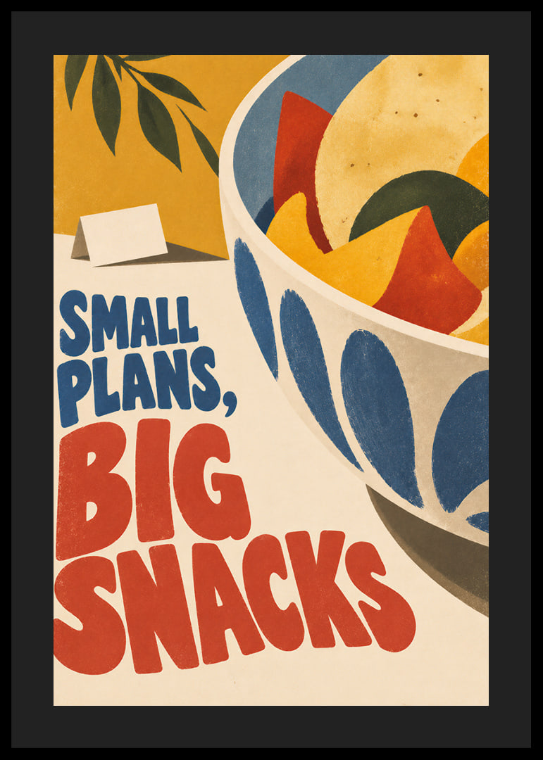 Plakat inspirowany stylem retro z kolorową miską na przekąski i zabawną typografią.-12