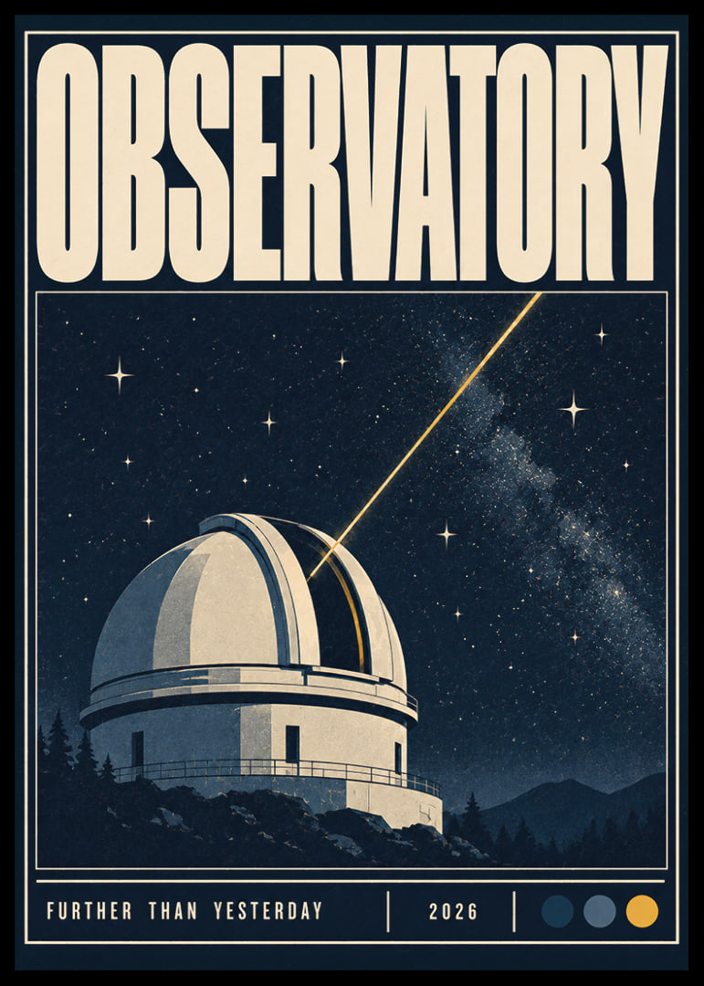 Plakat przedstawiający obserwatorium w stylu retro, przedstawiający rozgwieżdżone niebo i promień skierowany w stronę kosmosu.-12