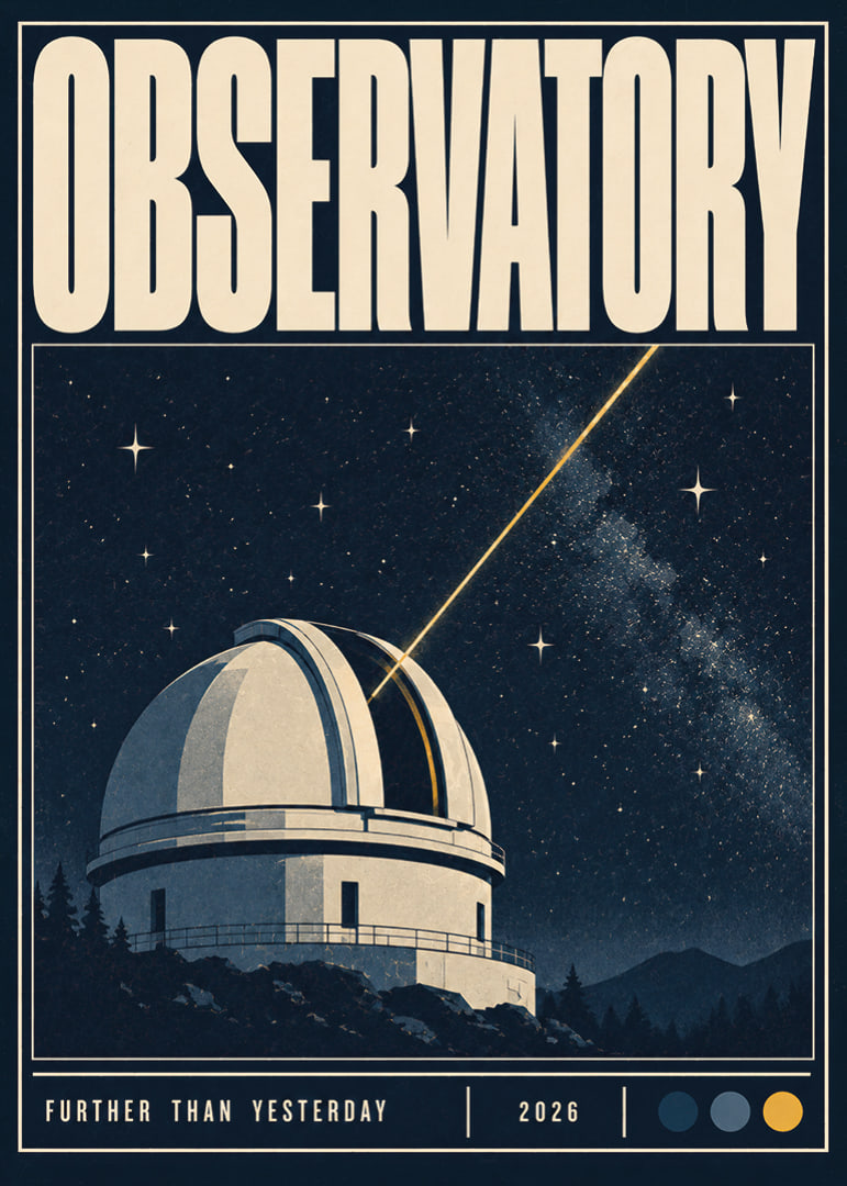 Plakat przedstawiający obserwatorium w stylu retro, przedstawiający rozgwieżdżone niebo i promień skierowany w stronę kosmosu.-12