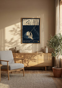 Plakat przedstawiający obserwatorium w stylu retro, przedstawiający rozgwieżdżone niebo i promień skierowany w stronę kosmosu.-2