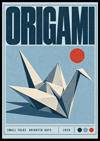 Graficzny żuraw origami w czerwonym słońcu w pełnej nadziei kompozycji inspirowanej stylem retro.-0