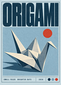 Graficzny żuraw origami w czerwonym słońcu w pełnej nadziei kompozycji inspirowanej stylem retro.-1