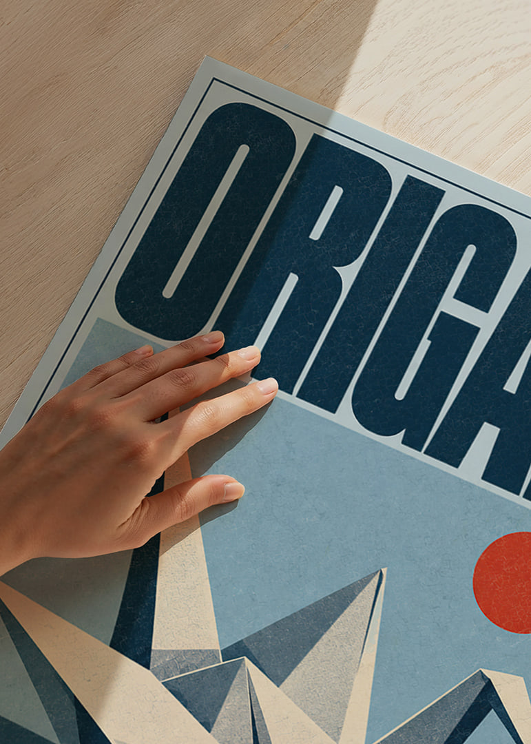 Graficzny żuraw origami w czerwonym słońcu w pełnej nadziei kompozycji inspirowanej stylem retro.-12