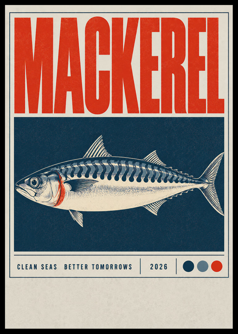Dostojna makrela w stylu plakatu inspirowanego stylem vintage, o morskim charakterze.-12