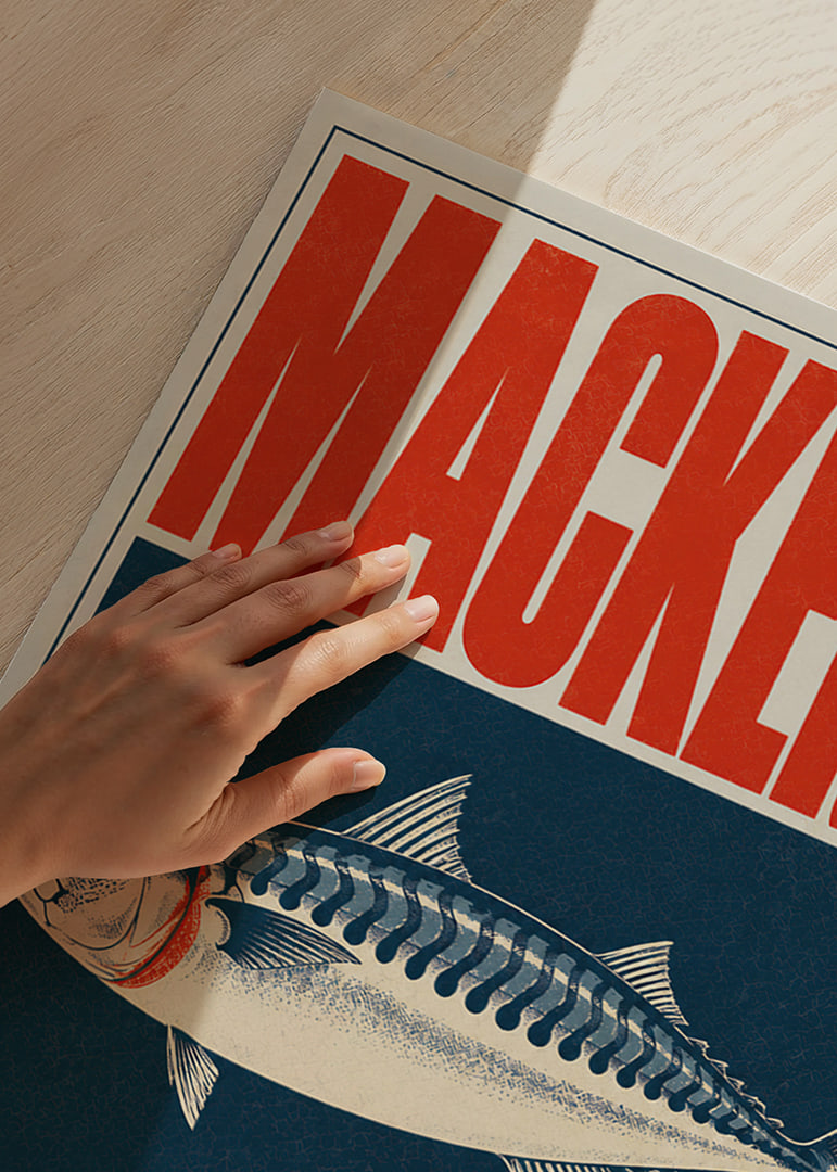 Dostojna makrela w stylu plakatu inspirowanego stylem vintage, o morskim charakterze.-12