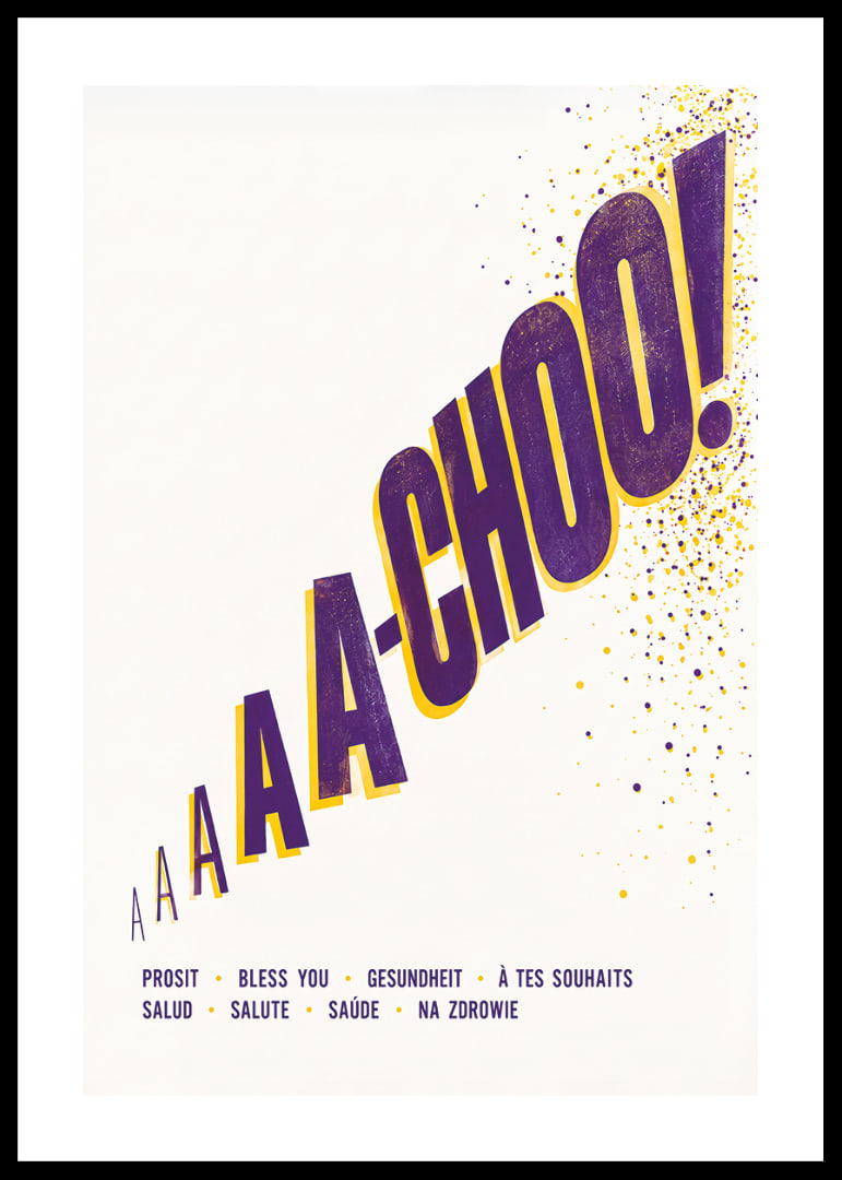Zabawny plakat typograficzny z donośnym kichnięciem i pozdrowieniami ze świata.-12