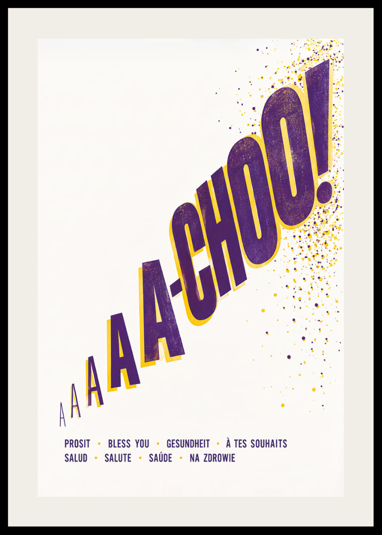 Zabawny plakat typograficzny z donośnym kichnięciem i pozdrowieniami ze świata.-12