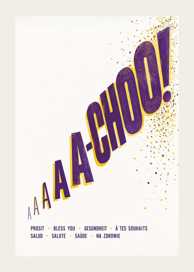 Zabawny plakat typograficzny z donośnym kichnięciem i pozdrowieniami ze świata.-12