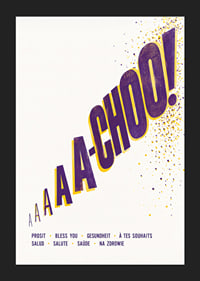 Zabawny plakat typograficzny z donośnym kichnięciem i pozdrowieniami ze świata.-5