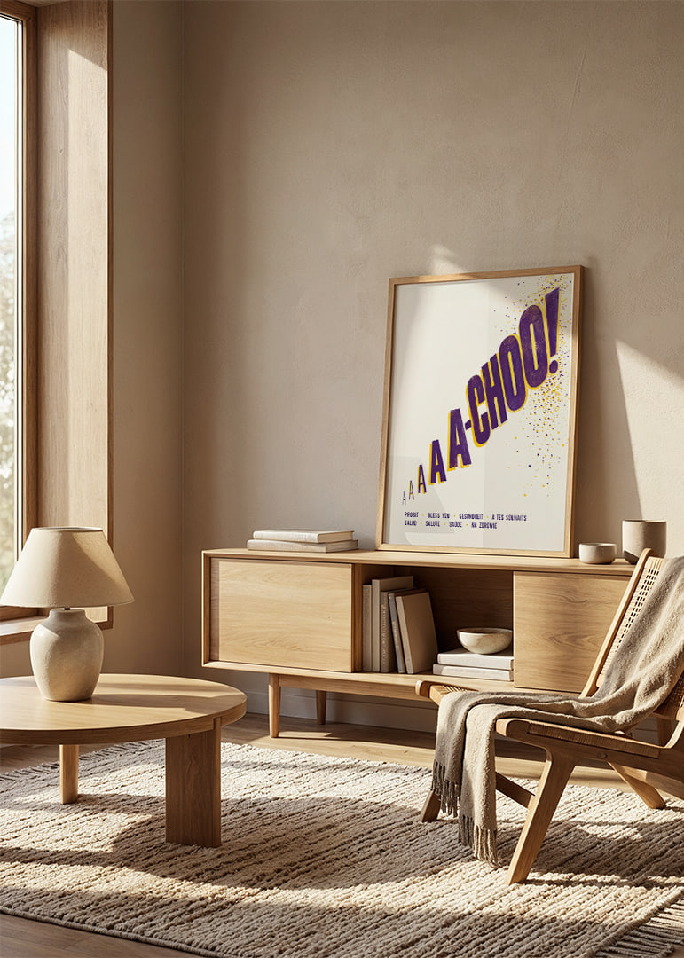 Zabawny plakat typograficzny z donośnym kichnięciem i pozdrowieniami ze świata.-12