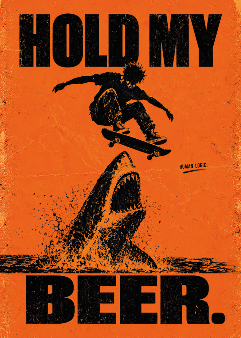 Skateboardzista unosi się nad rekinem w prymitywnym, humorystycznym stylu retro.-12