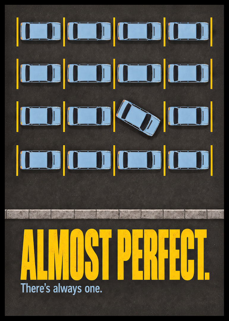 Zabawny plakat parkingowy z krzywym samochodem łamiącym idealny wzór.-12