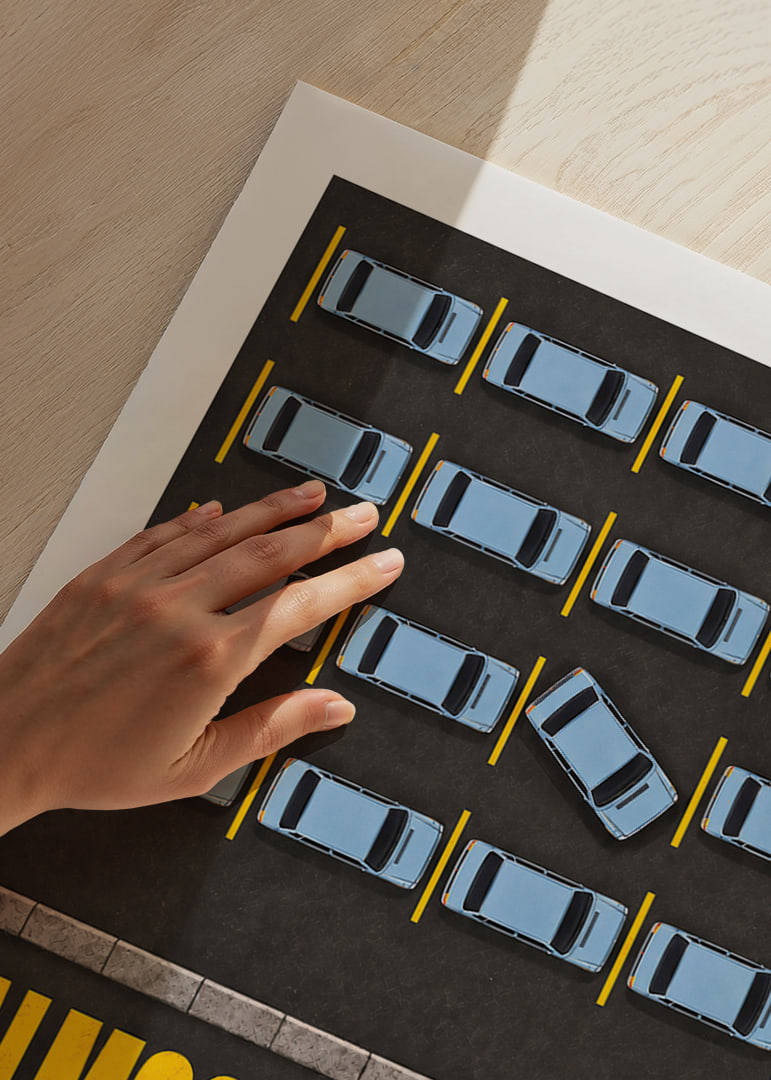 Zabawny plakat parkingowy z krzywym samochodem łamiącym idealny wzór.-12