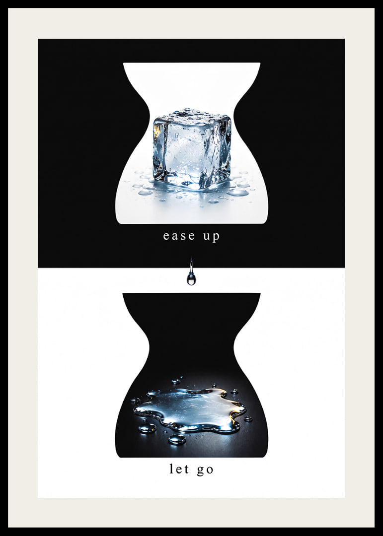 Konceptualna kostka lodu i wody w kształcie klepsydry, która oddaje uczucie odpuszczania.-12