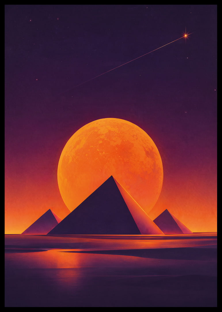 Glödande orange måne och mörka pyramider skapar en drömsk rymdstämning.-12