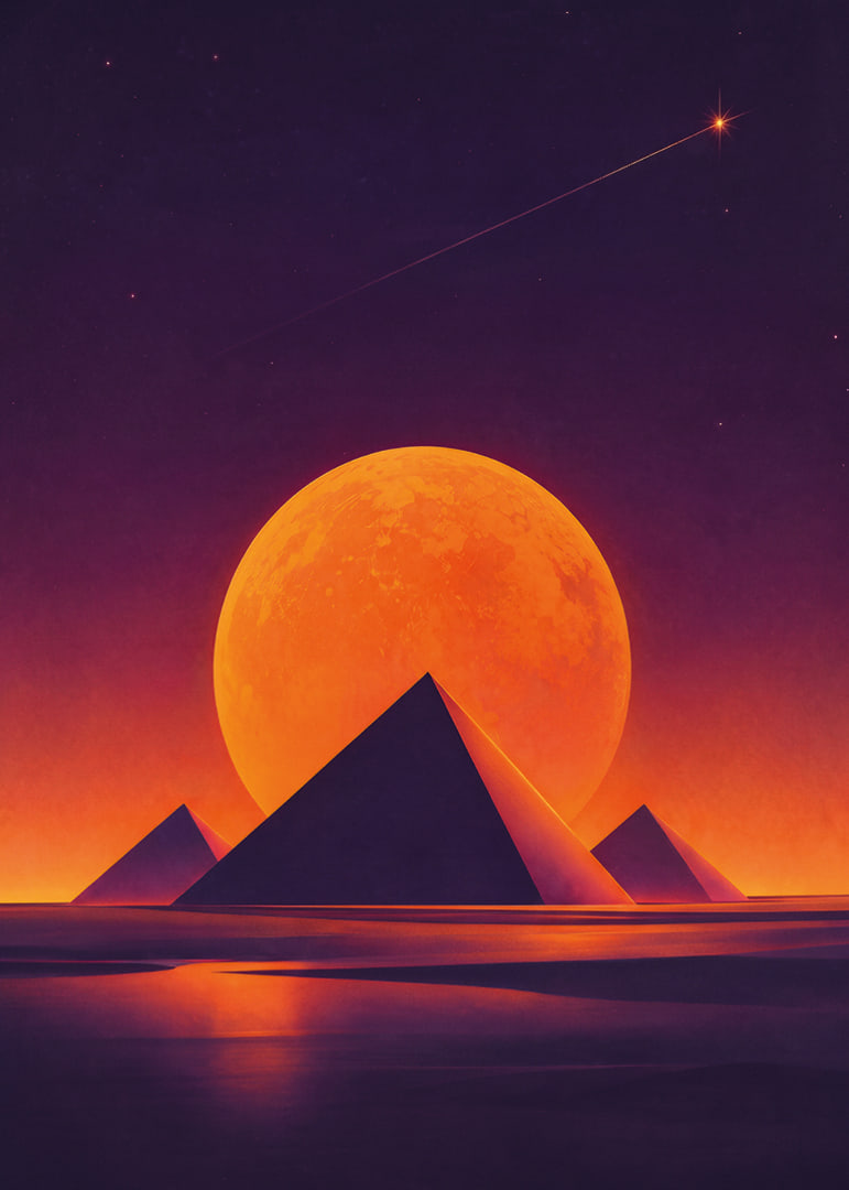 Glödande orange måne och mörka pyramider skapar en drömsk rymdstämning.-12