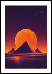 Glödande orange måne och mörka pyramider skapar en drömsk rymdstämning.-0