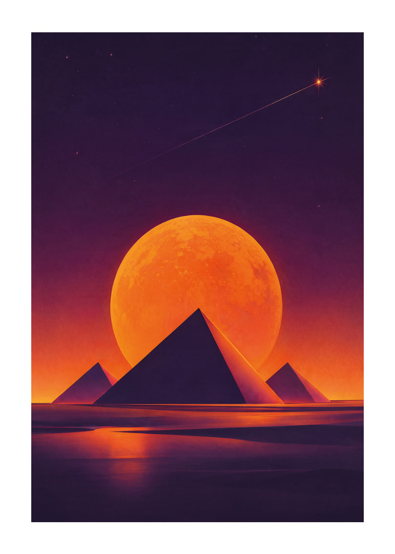 Glödande orange måne och mörka pyramider skapar en drömsk rymdstämning.-12