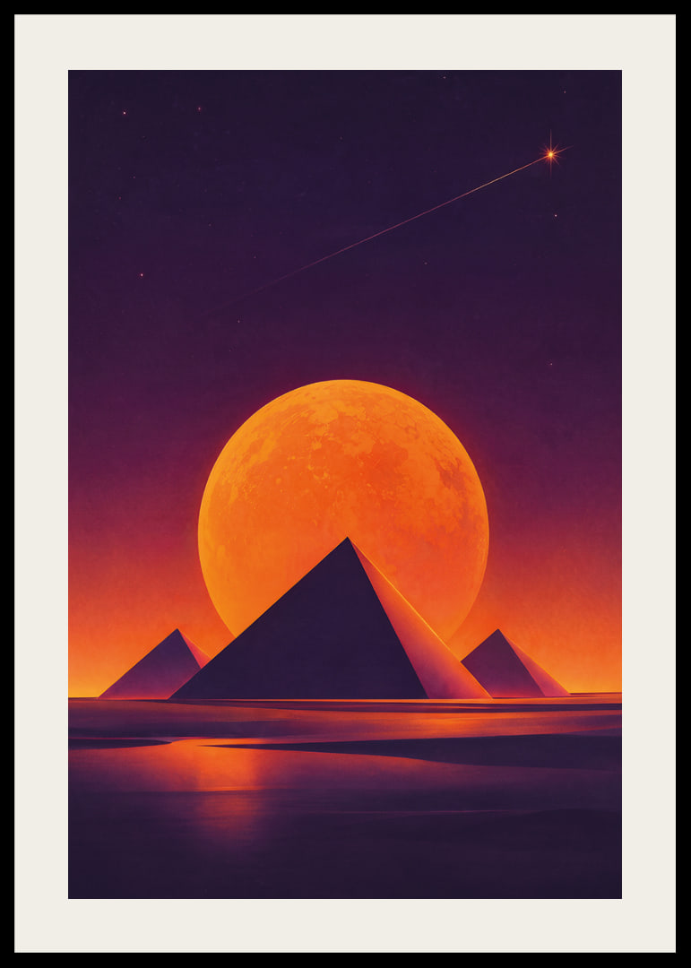 Glödande orange måne och mörka pyramider skapar en drömsk rymdstämning.-12