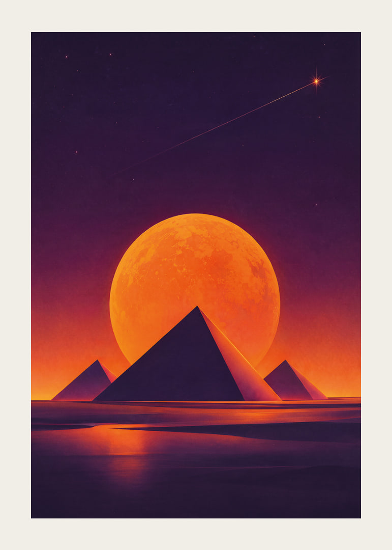Glödande orange måne och mörka pyramider skapar en drömsk rymdstämning.-12