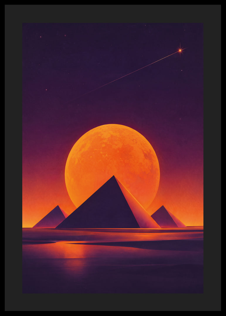 Glödande orange måne och mörka pyramider skapar en drömsk rymdstämning.-12