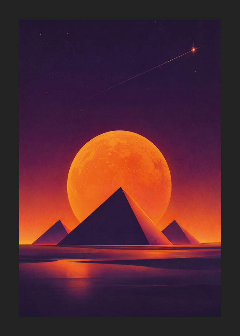 Glödande orange måne och mörka pyramider skapar en drömsk rymdstämning.-12