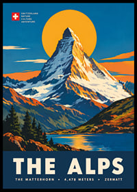 Tyylitelty Matterhorn-juliste lämpimin auringonlaskun sävyin klassisella alppitunnelmalla.-6