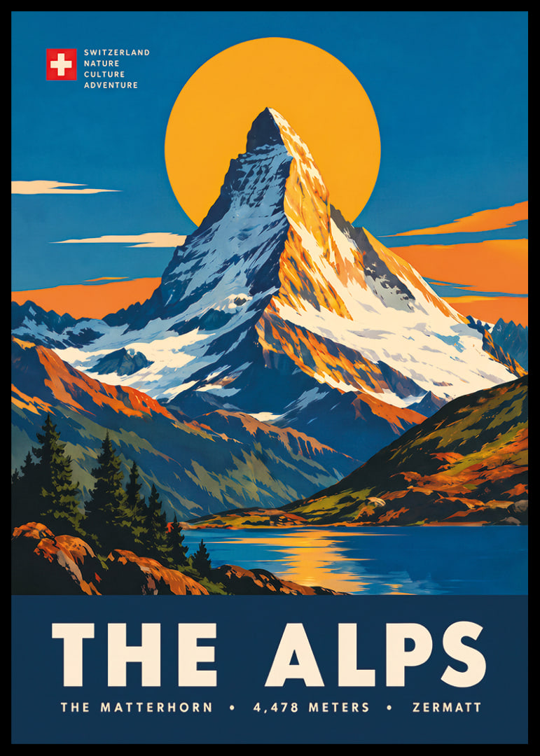 Tyylitelty Matterhorn-juliste lämpimin auringonlaskun sävyin klassisella alppitunnelmalla.-12