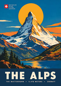 Tyylitelty Matterhorn-juliste lämpimin auringonlaskun sävyin klassisella alppitunnelmalla.-7