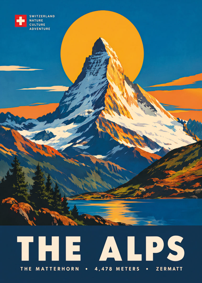 Tyylitelty Matterhorn-juliste lämpimin auringonlaskun sävyin klassisella alppitunnelmalla.-12