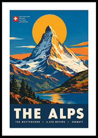Tyylitelty Matterhorn-juliste lämpimin auringonlaskun sävyin klassisella alppitunnelmalla.-0